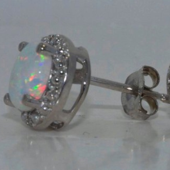 Opal & Diamond Round Stud Earrings